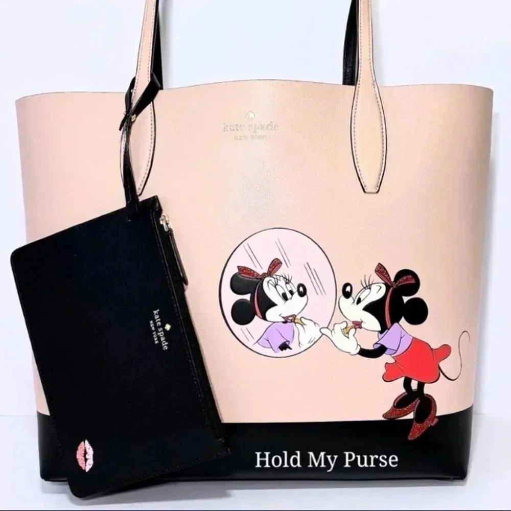 Kate Spade Disney Minnie Mouse Tote Bag with Black Wristlet Pouch Set NWT